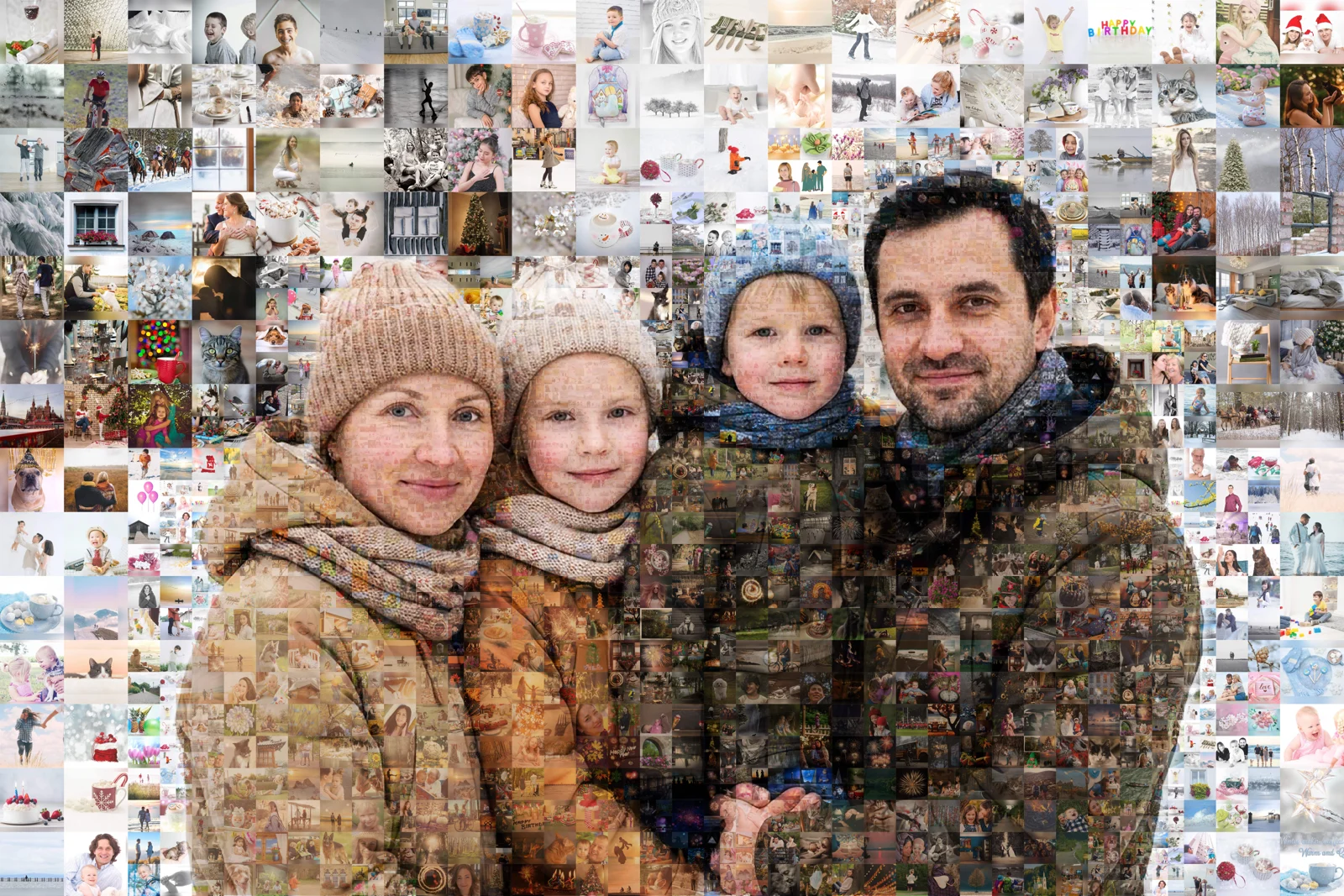 Картина из фотографий: семья из четырёх зимой во дворе, лица читаются, под лупой видны сотни отдельных зимних и летних снимков