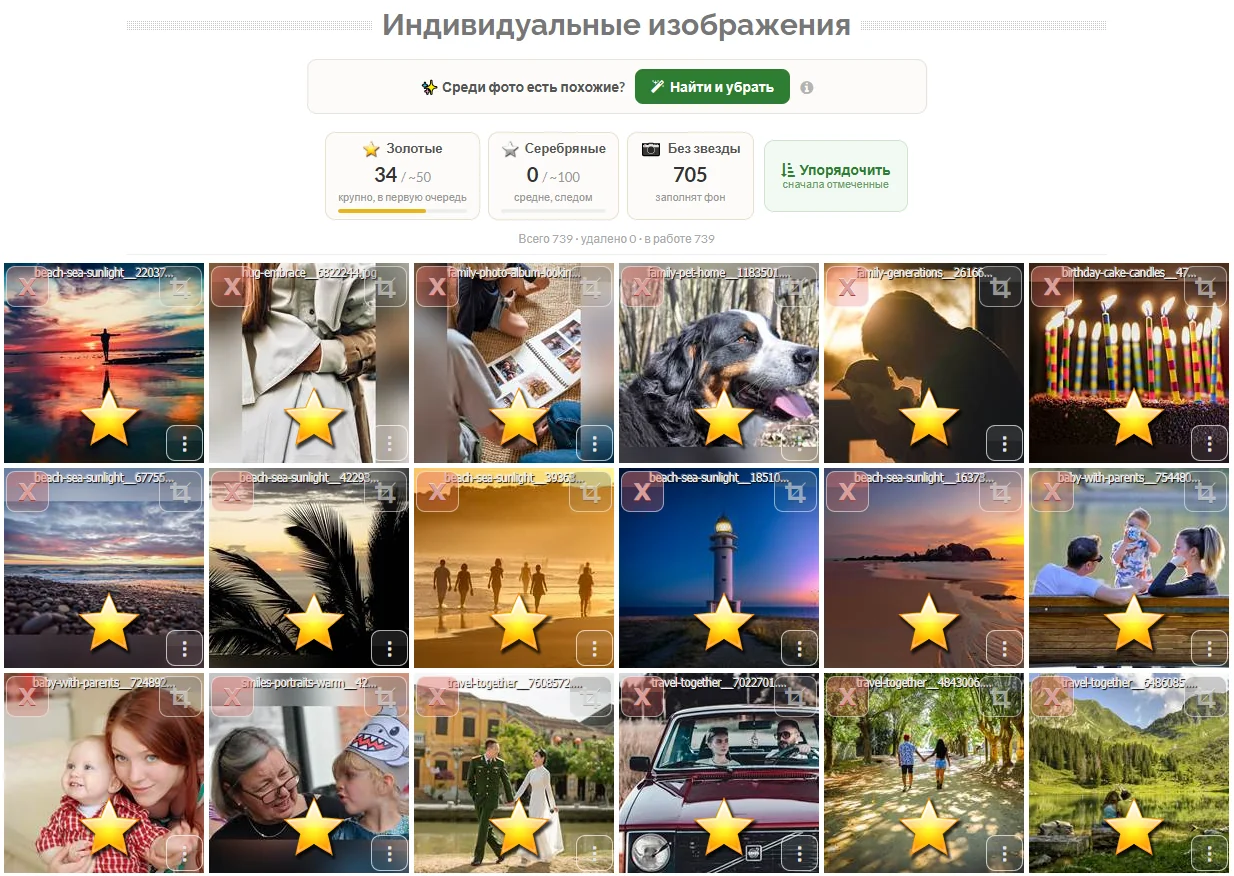 Страница загрузки фотографий по ссылке: счётчики золотых и серебряных звёздочек, кнопка «Упорядочить сначала отмеченные», отмеченные снимки со звёздочкой